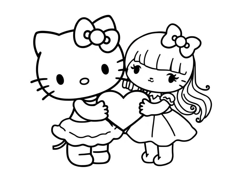 Preview of hello kitty and my melody holding a heart and wearing dresses