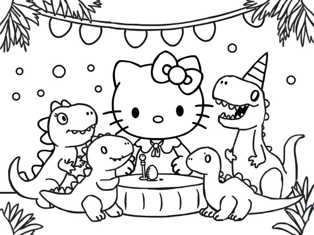 Preview of hello kitty at a party with dinosuar friends