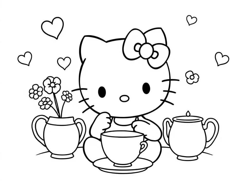 Hello Kitty Tea Party Coloring Page