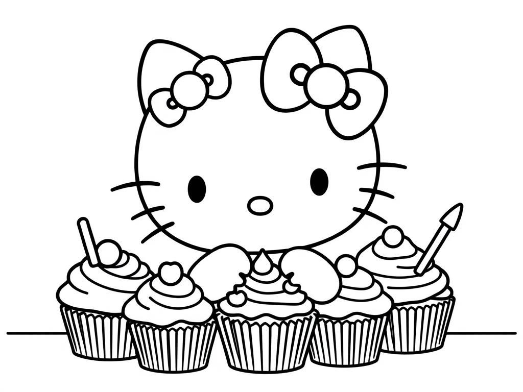 Hello Kitty with Cupcakes Coloring Page