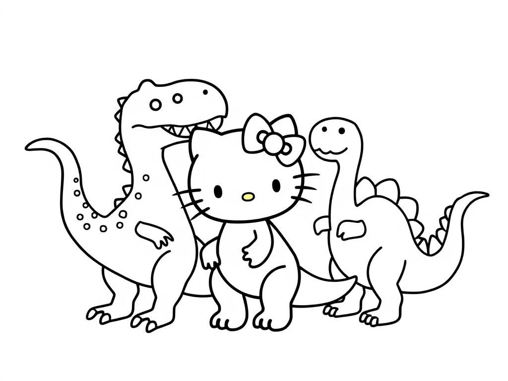 Hello Kitty and Dinosaurs Coloring Page