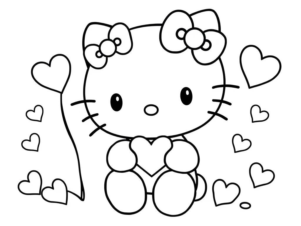 Hello kitty in detail during Valentines day - Free Printable Coloring Page