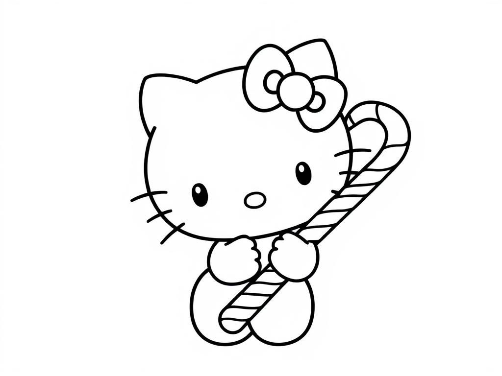 hello kitty with a candy cane - Free Printable Coloring Page