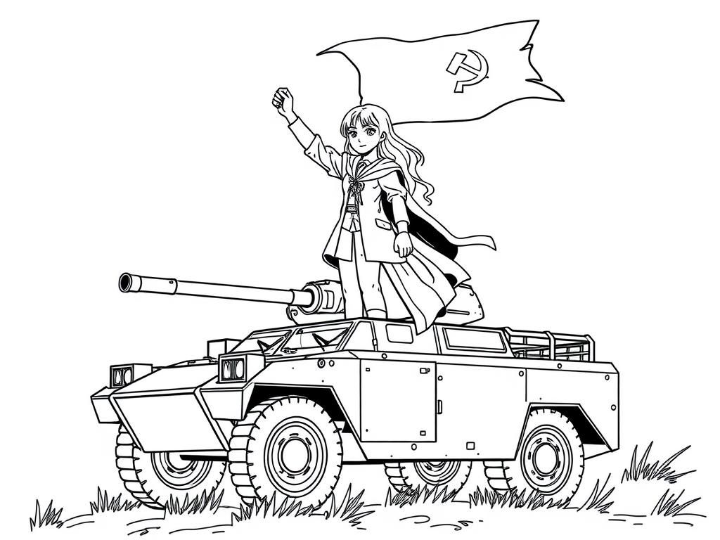 Hermione Granger waving a flag standing on old APC like Lenin