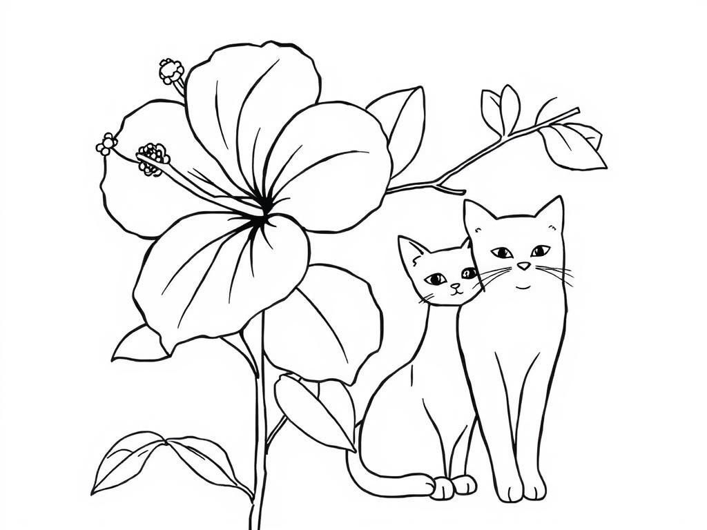 Cat and Hibiscus Coloring Page