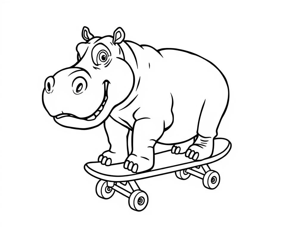Hippopotamus on Skateboard Coloring Page