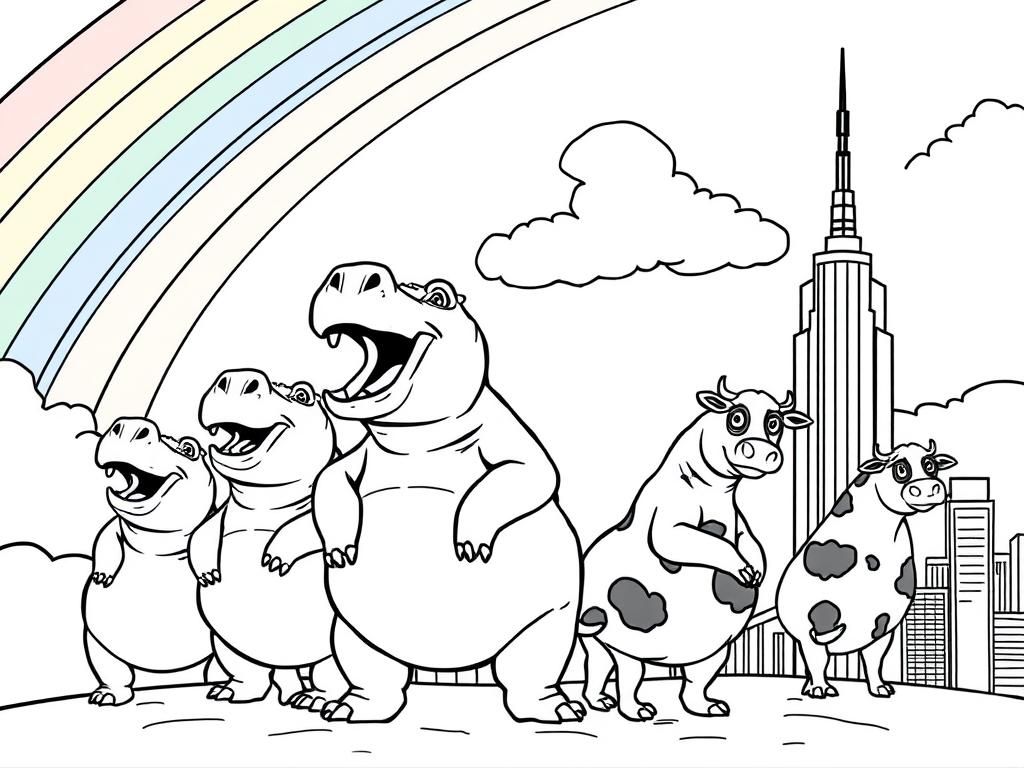 Preview of Hippos dressing up in the rainbow sky with mad cows watching from a skyscraper