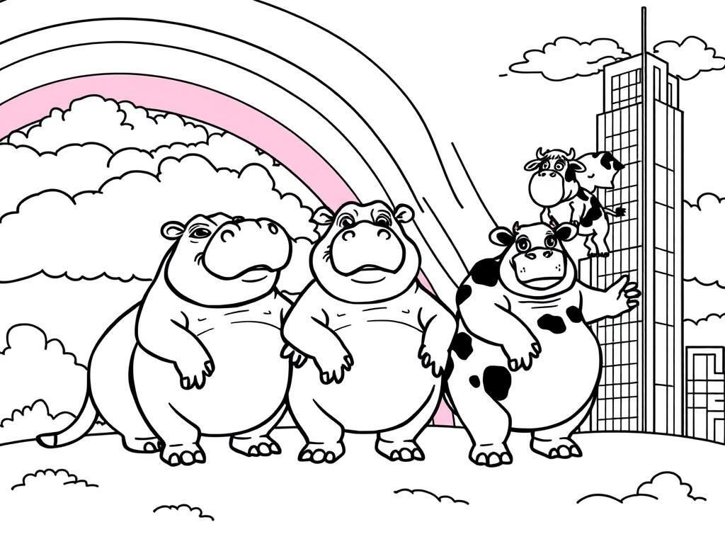 Preview of Hippos dressing up in the rainbow sky with mad cows watching from a skyscraper