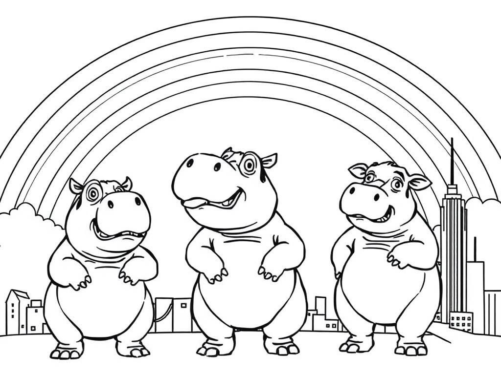 Preview of Hippos dressing up in the rainbow sky with mad cows watching from a skyscraper