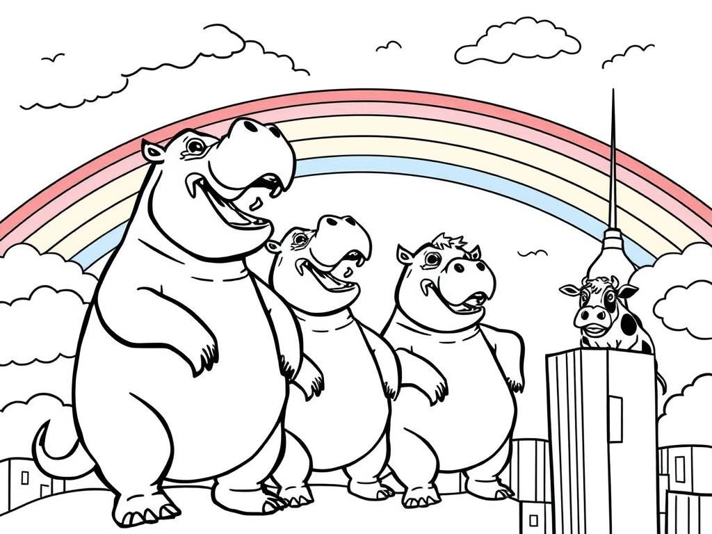 Preview of Hippos dressing up in the rainbow sky with mad cows watching from a skyscraper