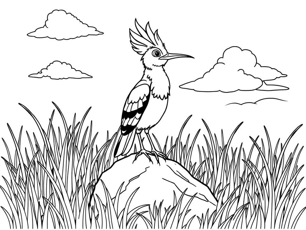 "Hoopoe standing on a rock surrounded by the grass. Background: a sunny savanna with tall grass and fluffy clouds." - Free Printable Coloring Page