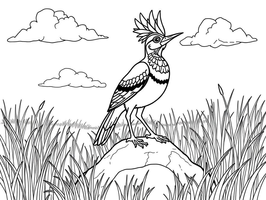 "Hoopoe standing on a rock surrounded by the grass. Background: a sunny savanna with tall grass and fluffy clouds." - Free Printable Coloring Page