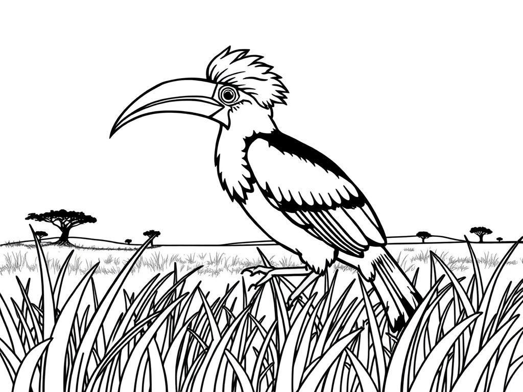 Hornbill in the grass. Background: a sunny savanna  and a glowing sun." - Free Printable Coloring Page