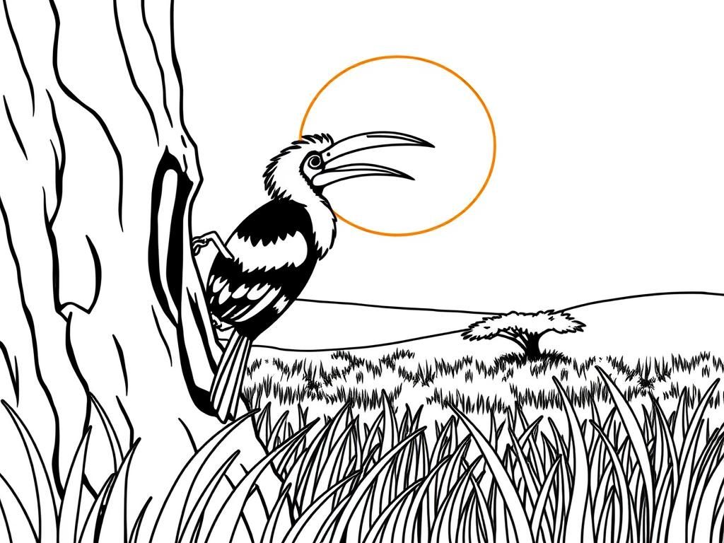 Hornbill in tree trunk and grass. Background: a sunny savanna  and a glowing sun." - Free Printable Coloring Page