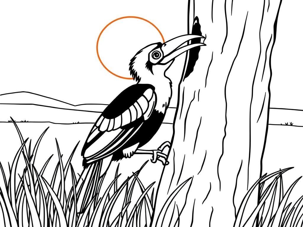 Hornbill in tree trunk and grass. Background: a sunny savanna  and a glowing sun." - Free Printable Coloring Page