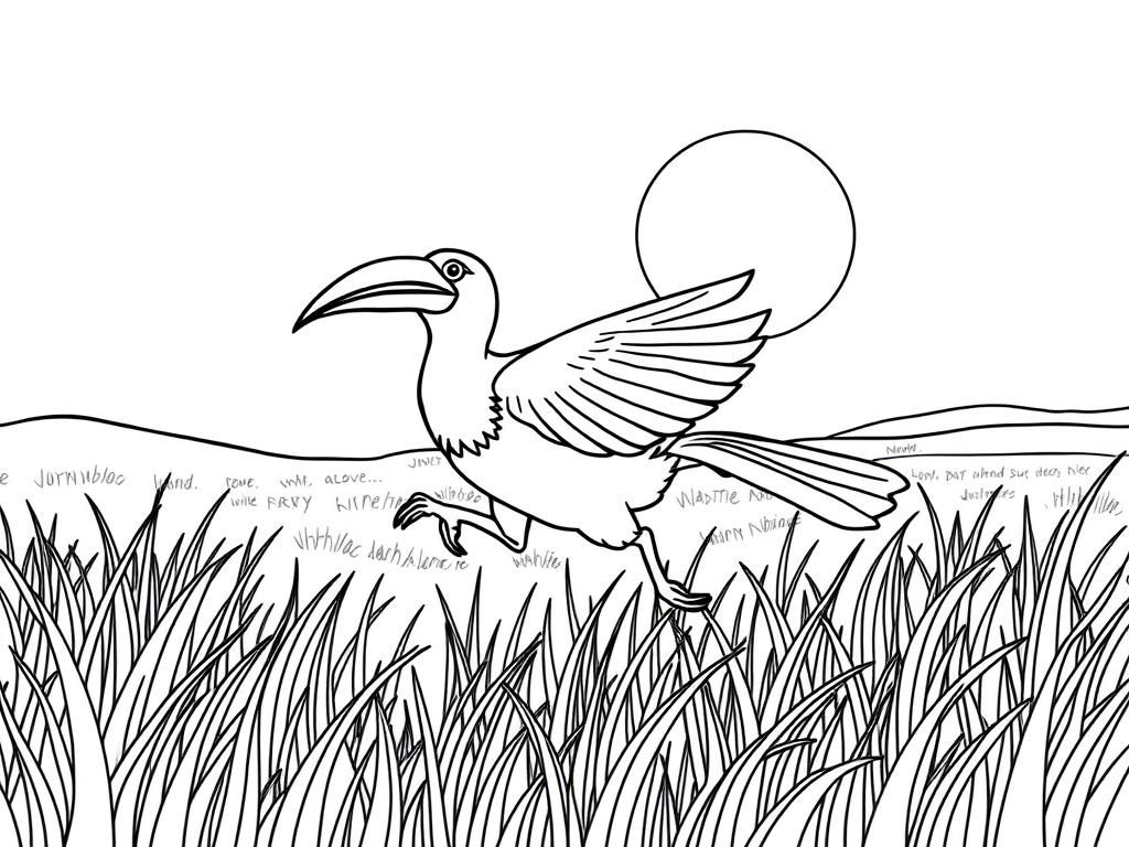 Hornbill running through the grass. Background: a sunny savanna  and a glowing sun." - Free Printable Coloring Page