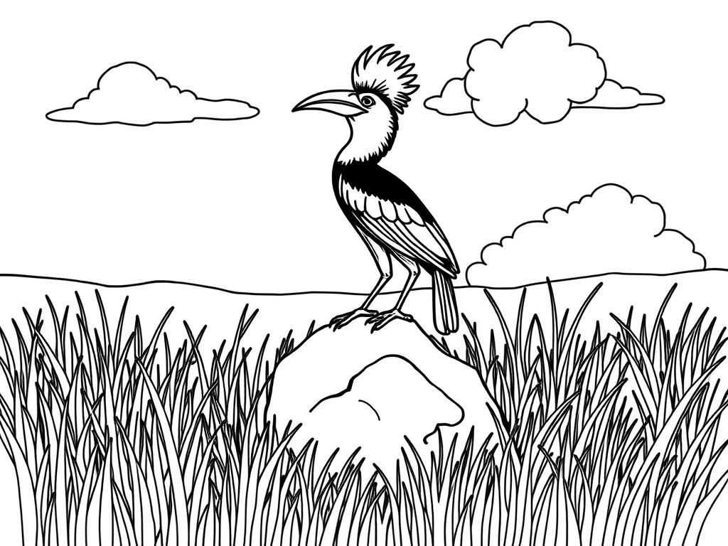 "Hornbill standing on a rock surrounded by the grass. Background: a sunny savanna with tall grass and fluffy clouds." - Free Printable Coloring Page