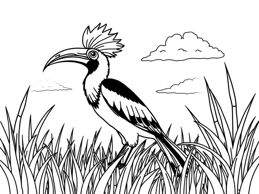 "Hornbill the grass. Background: a sunny savanna with tall grass and fluffy clouds." - Free Printable Coloring Page