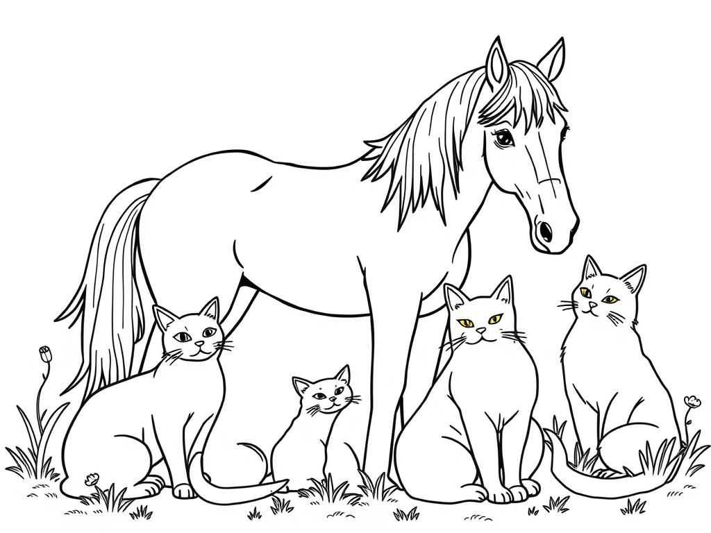 Horse and Cats Coloring Page