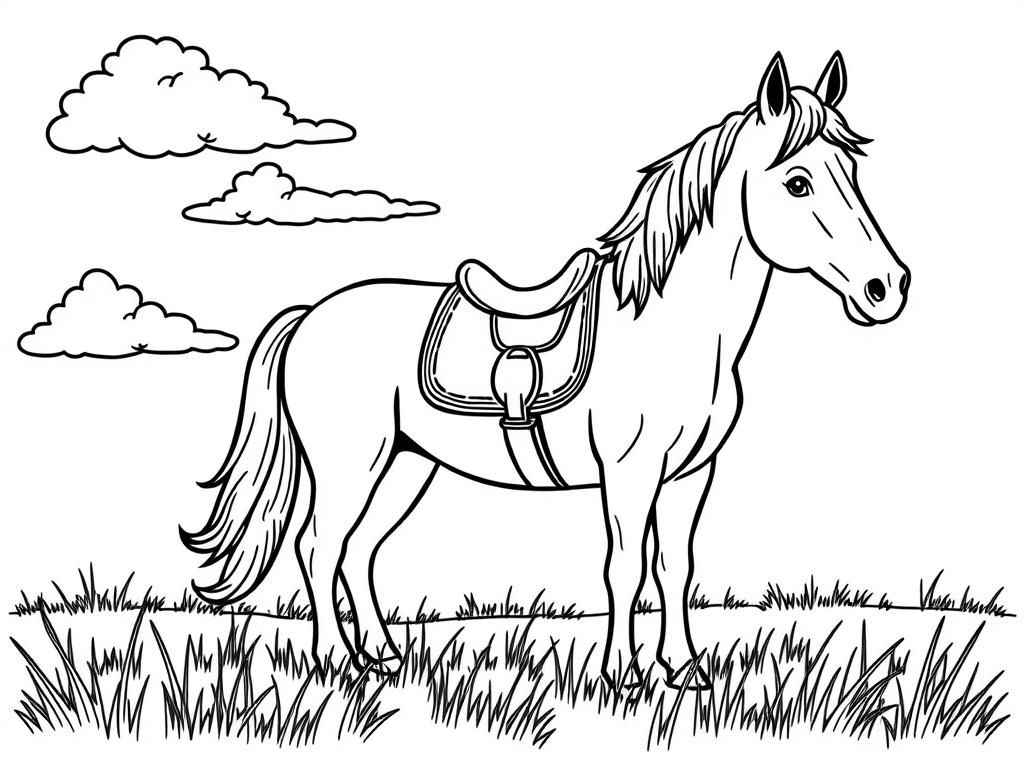 Preview of Horse in meadow with clouds in sky that has saddle on