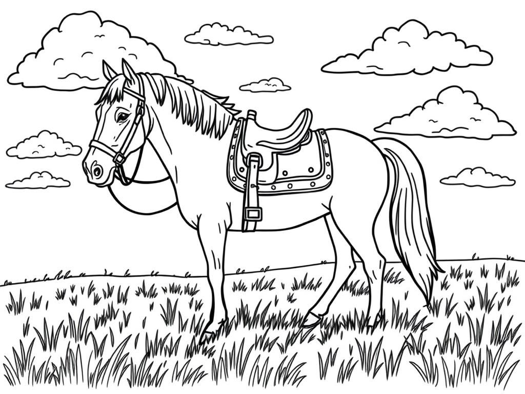 Preview of Horse in meadow with clouds in sky that has western saddle on and bridle