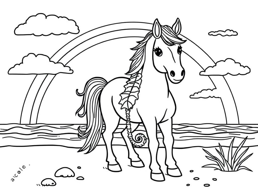 Preview of Horse with a seahorse on the beach with a rainbow