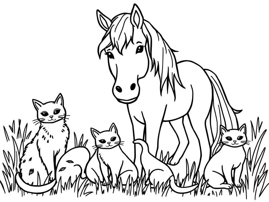 Horse and Cats Coloring Page