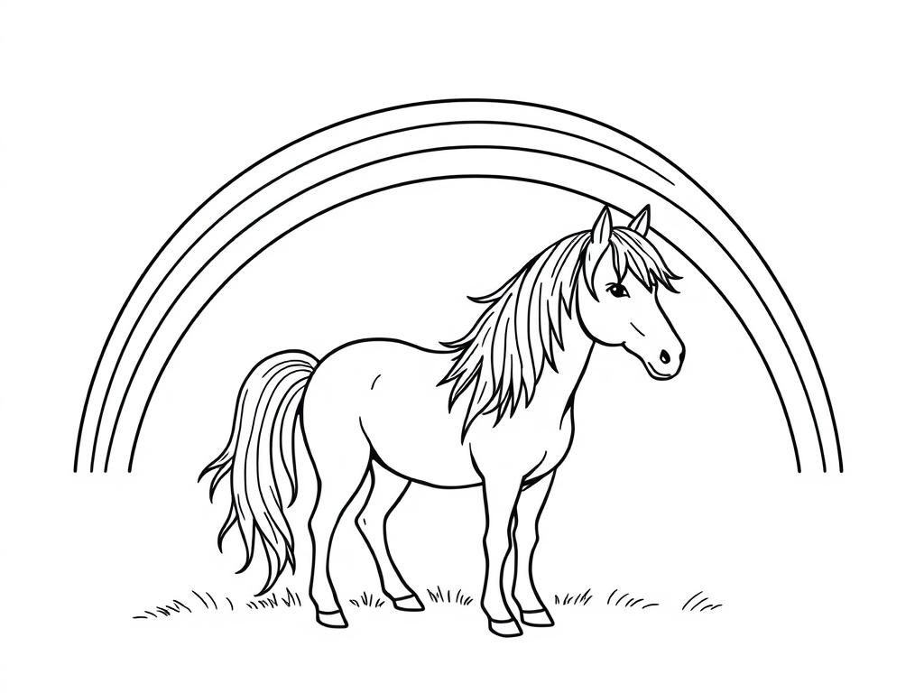 Preview of Horse with long hair underneath a rainbow with 7 stripes