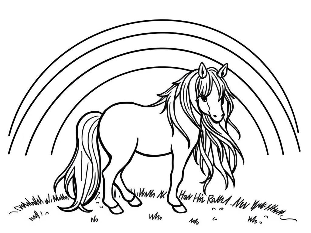 Preview of Horse with long hair underneath a rainbow with 7 stripes