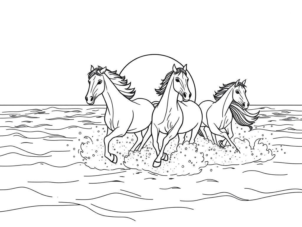 Horses running through the sea with the sunset