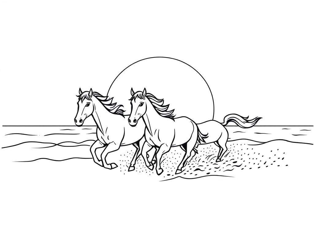 Preview of Horses running through the sea with the sunset