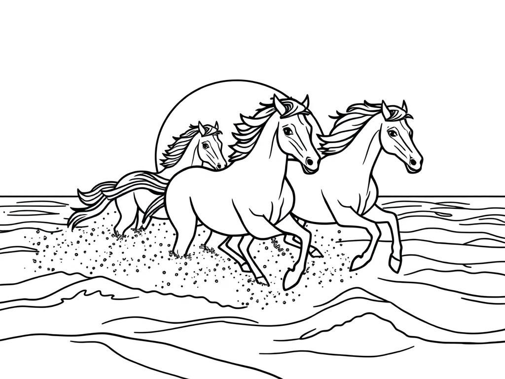 Preview of Horses running through the sea with the sunset