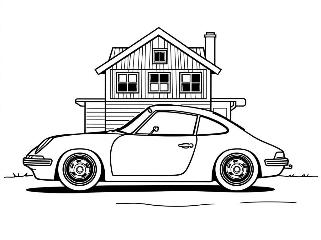Vintage Car and House Coloring Page