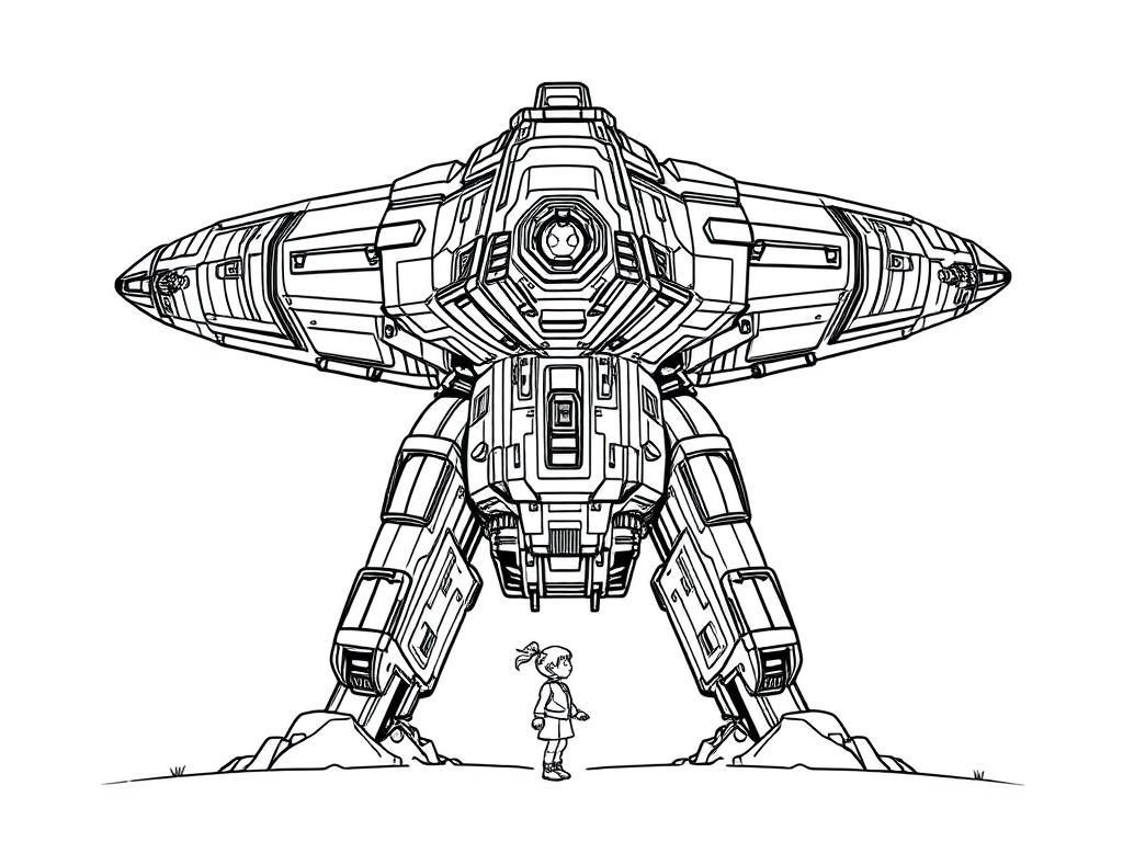 Huge cyberpunk spaceship towering over a little girl