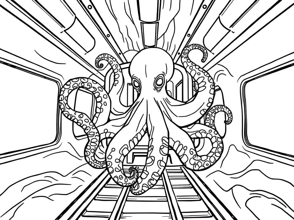 Octopus on Train Tracks Coloring Page