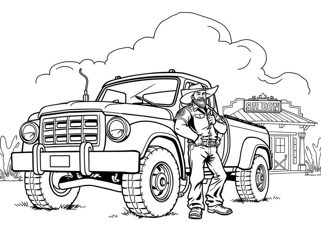 Huge pickup truck, with a hillbilly person standing beside the truck, smoking a cigarette, leaning against the truck, wearing a cowboy head. In the background a western saloon.