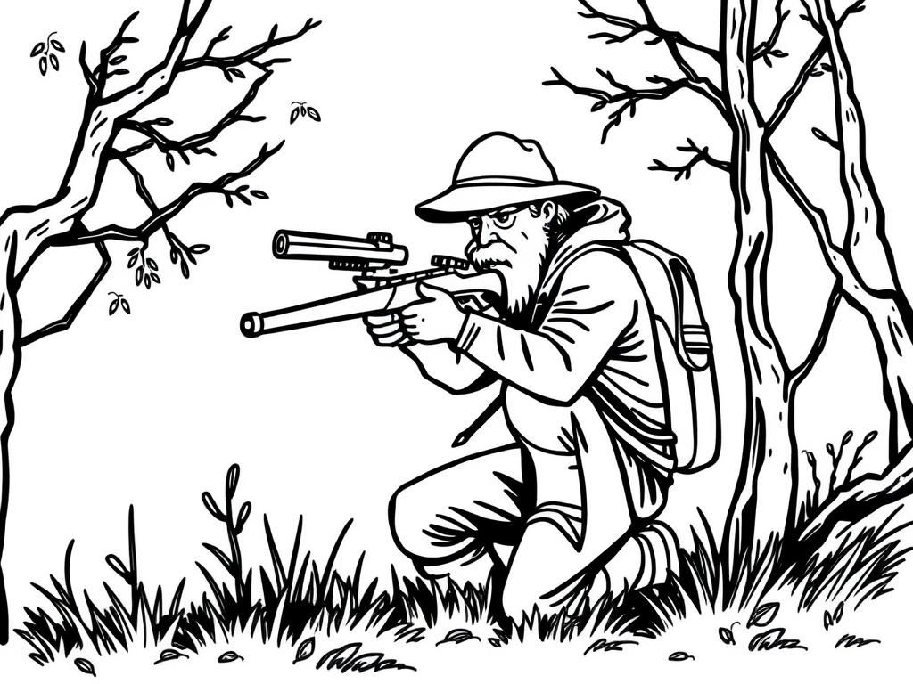 Hunter in the Woods Coloring Page: Forest Adventure Awaits