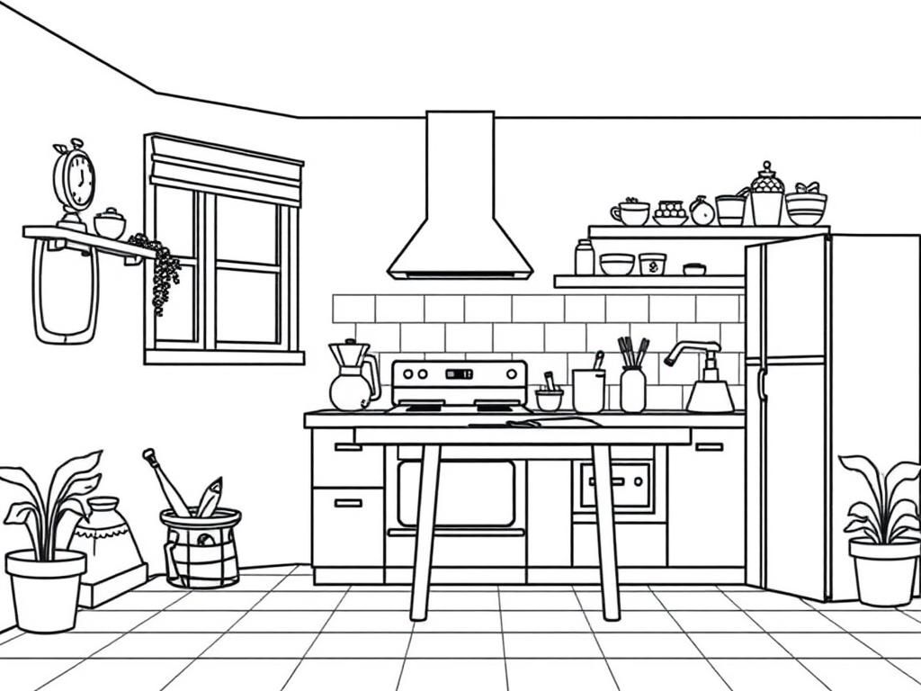 Kitchen Coloring Page with Appliances and Utensils