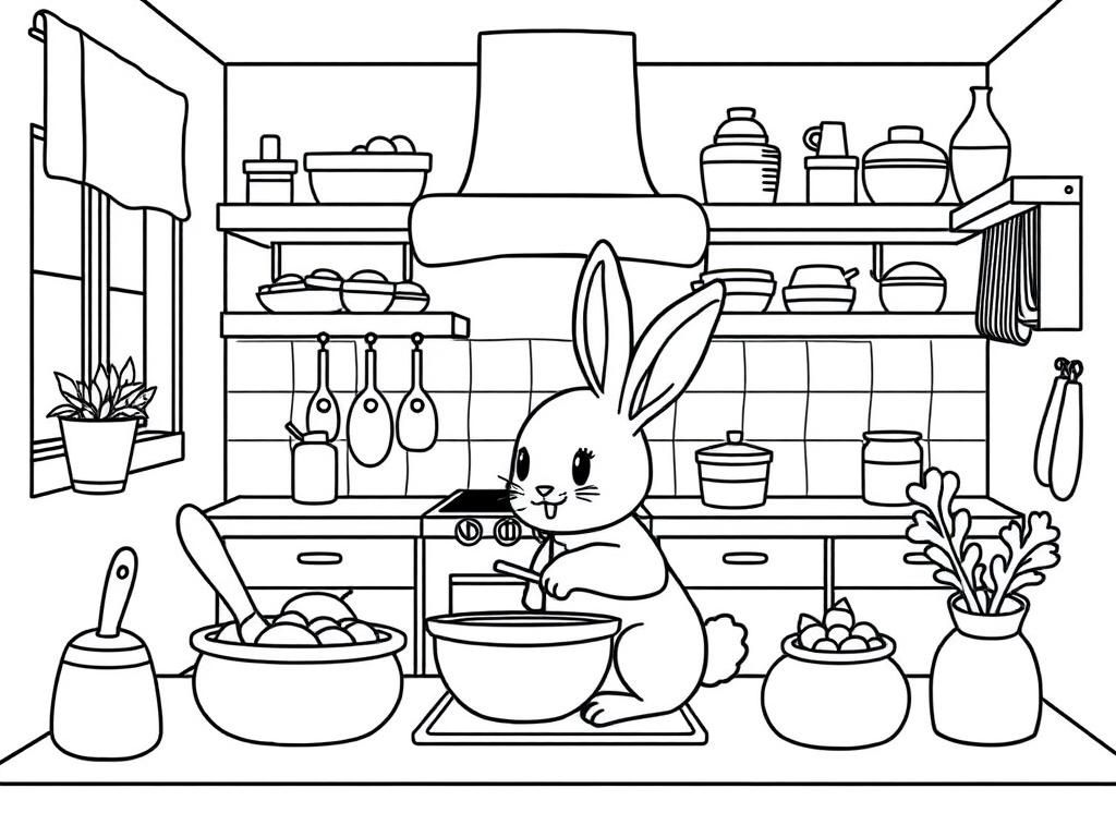 Cute Rabbit Cooking Coloring Page