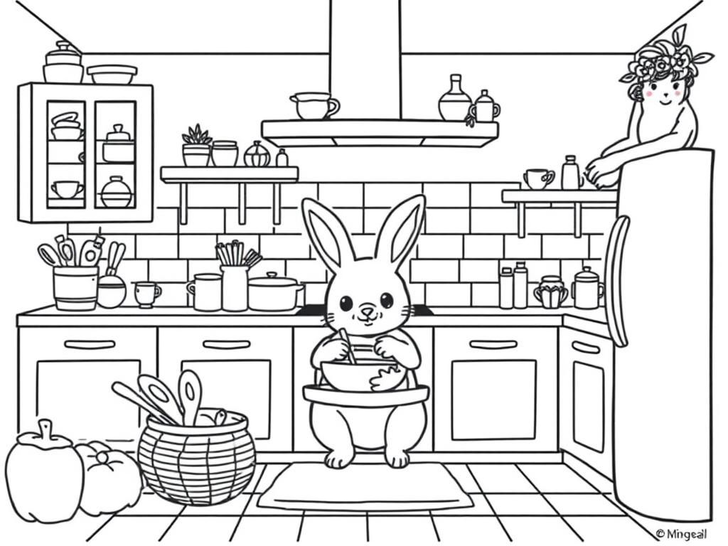 I want comfy and cozy kitchen with cute lots bunny cooking - Free Printable Coloring Page