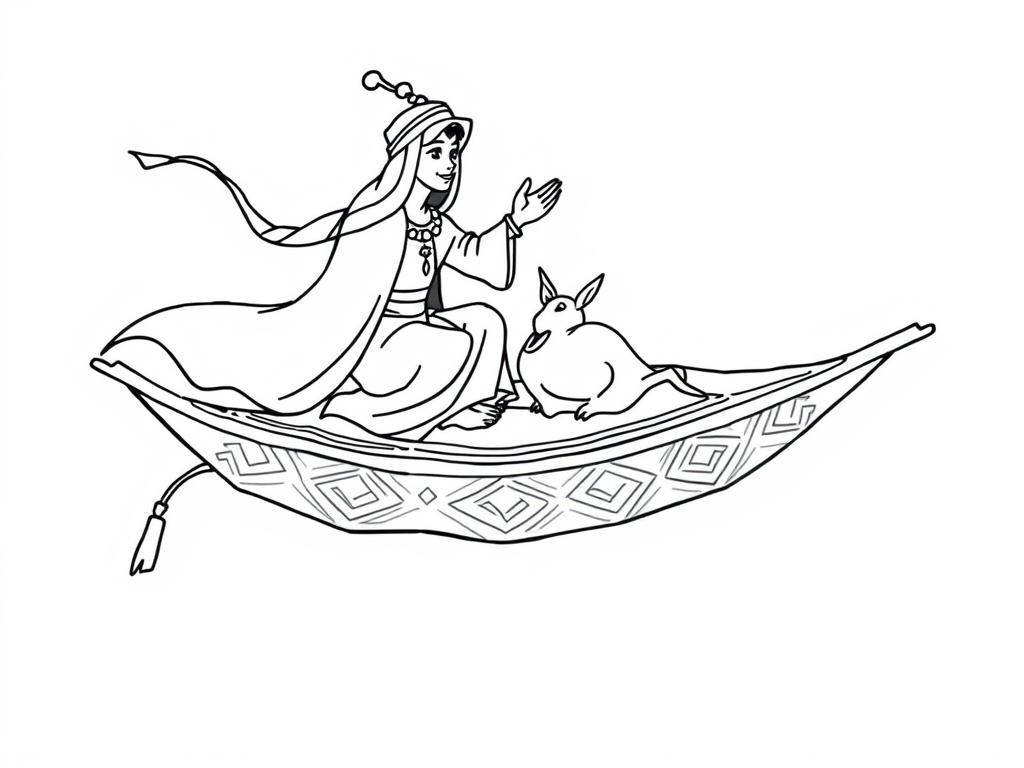 Image from Arabian Nights series where Alladin and Abu on flying carpet