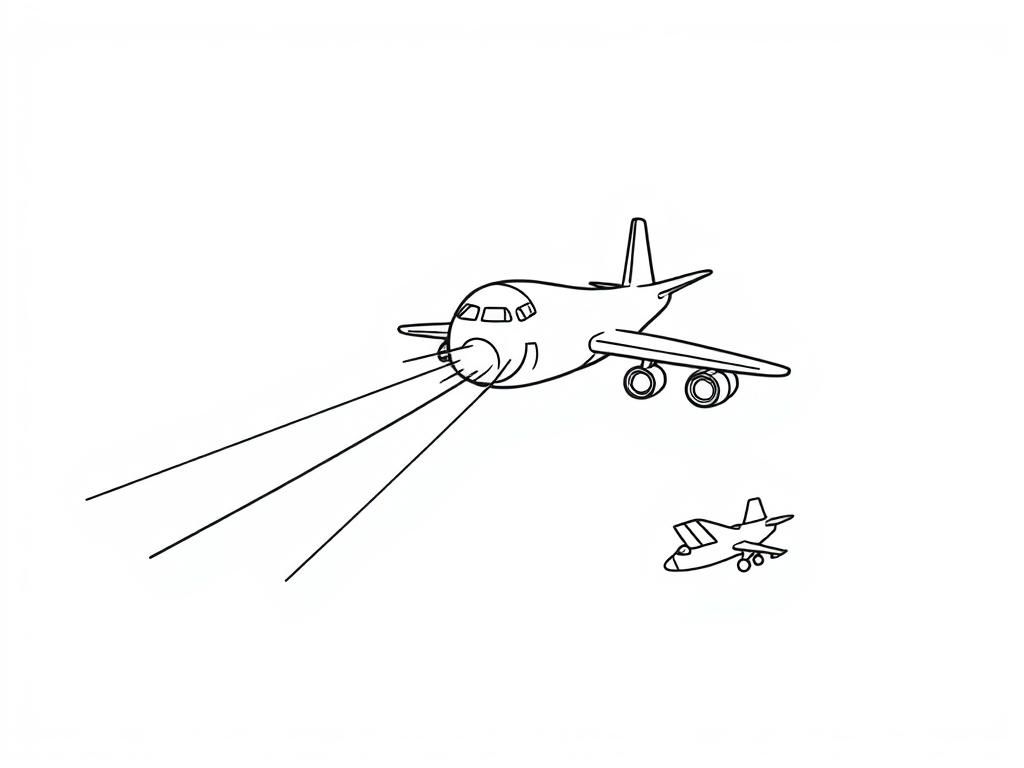 In an Ipad screen, draw: A airplane shooting an array of lasers through the front of the ship towards another airplane smaller than the airplane shooting lasers