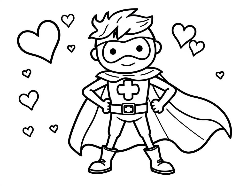 Superhero Boy with Hearts Coloring Page