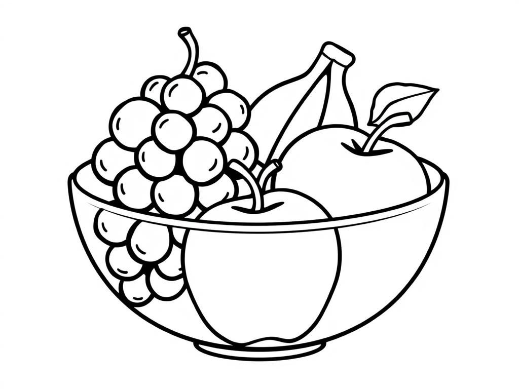 Preview of inside a fruit bowl there is grapes, 3 bananas in a bunch, and apple