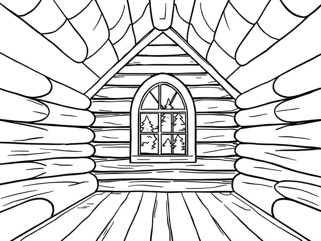 Inside a log cabin, looking out through a cathedral style window