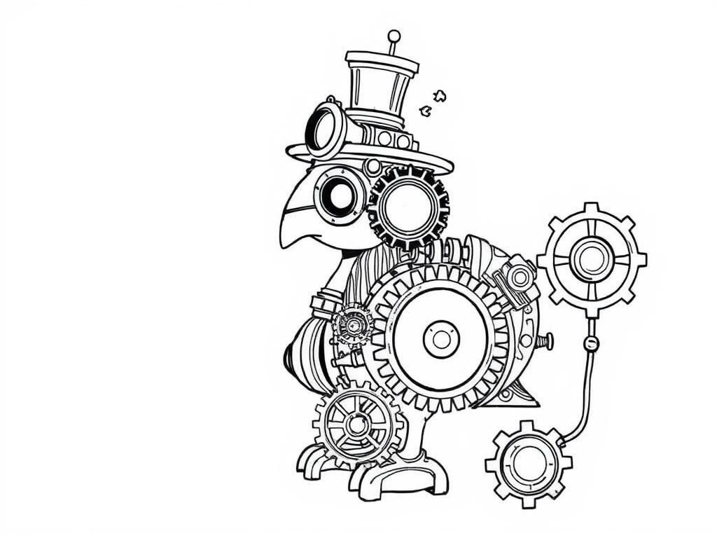 Mechanical Bird Coloring Page - Steampunk-Inspired Design