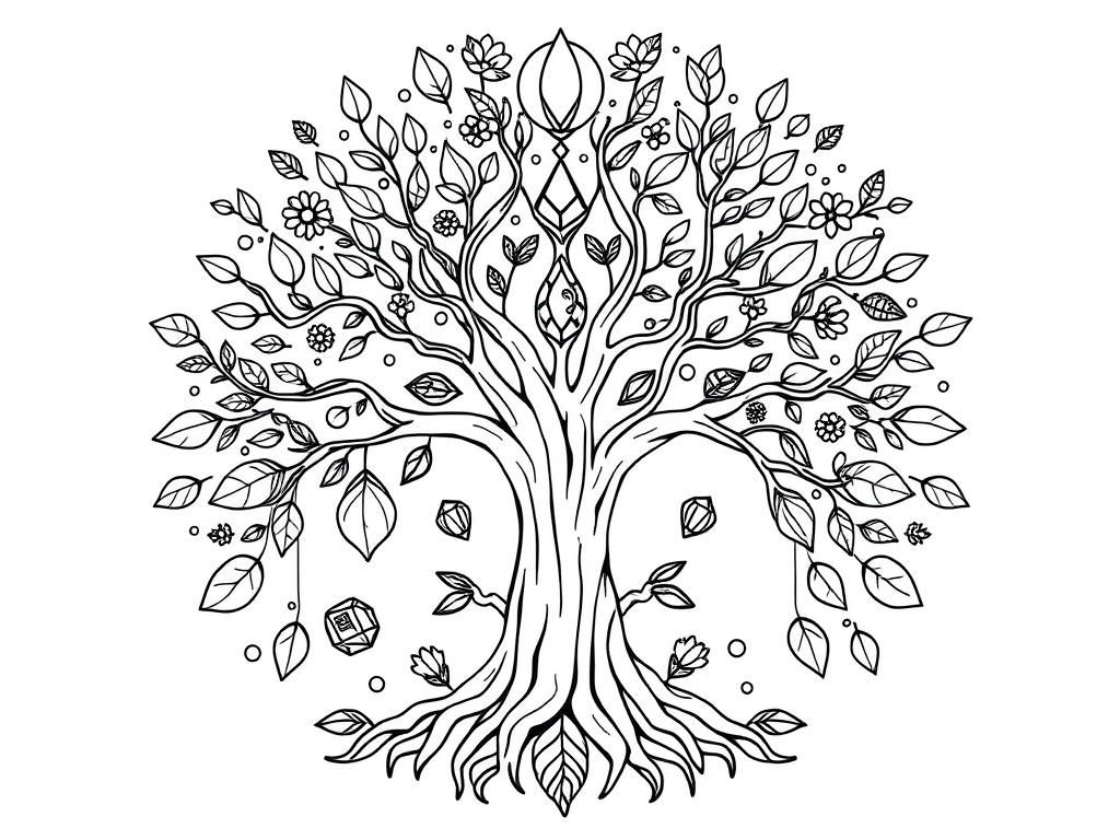 intricate trees and nature mandala with gemstones, leaves, flowers, moons, stars and roots - Free Printable Coloring Page