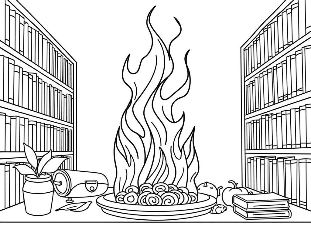 italian food on fire in a library scene