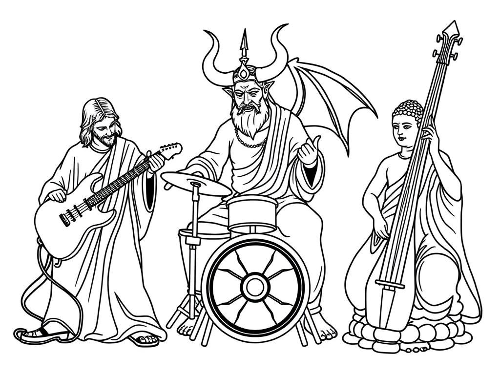 Jesus Christ playing guitar, Satan playing the drums, and Buddha playing the Bass