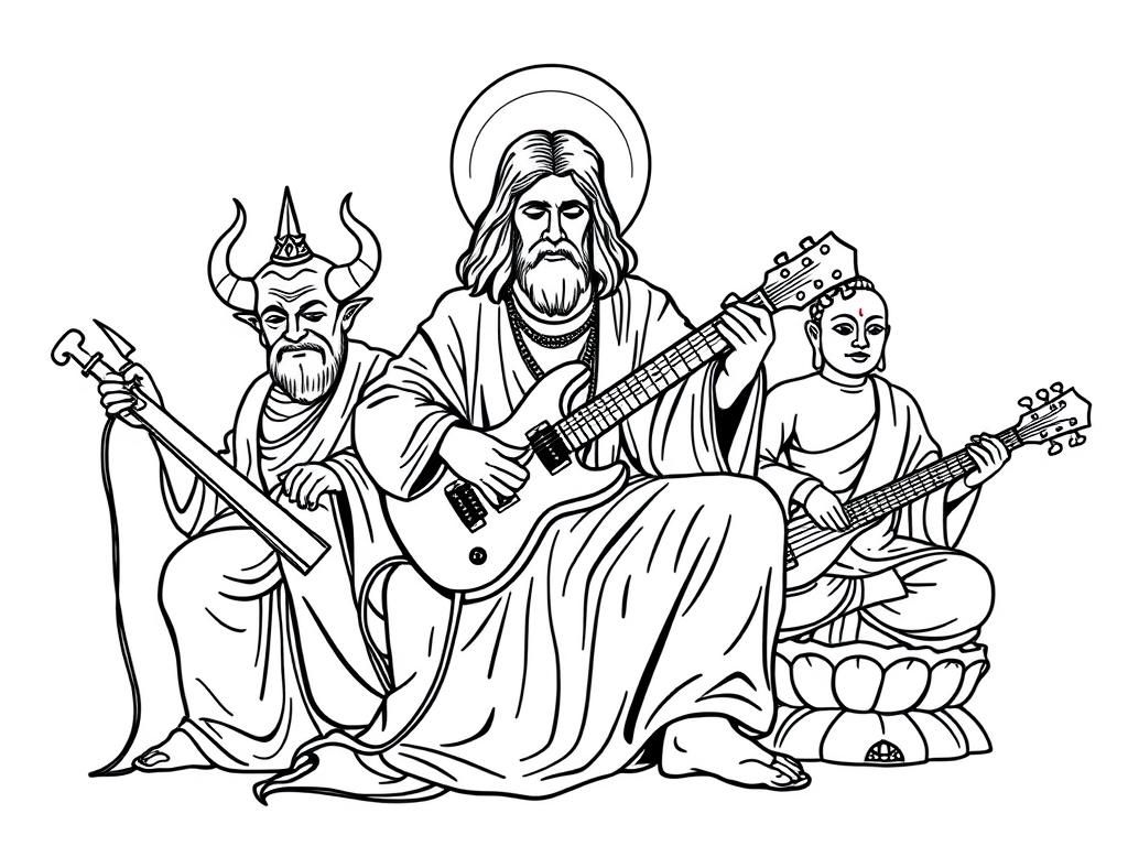 Jesus Christ playing guitar with Satan on the drums and Buddha playing the Bass